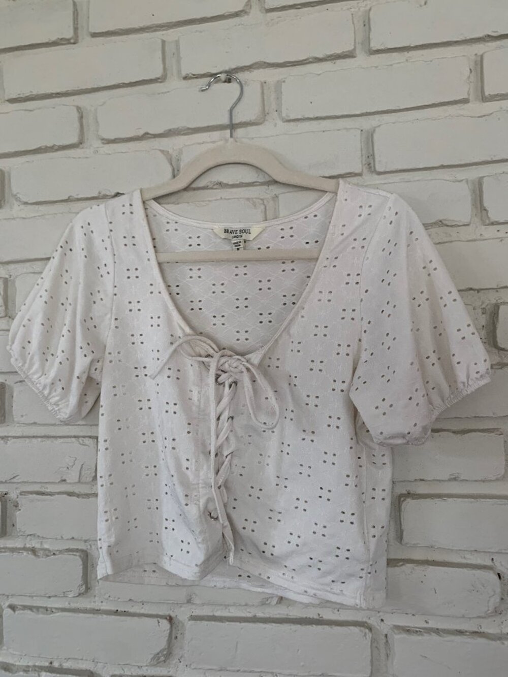 White Eyelet Crop blouse with Lace Front and slightly puff sleeves